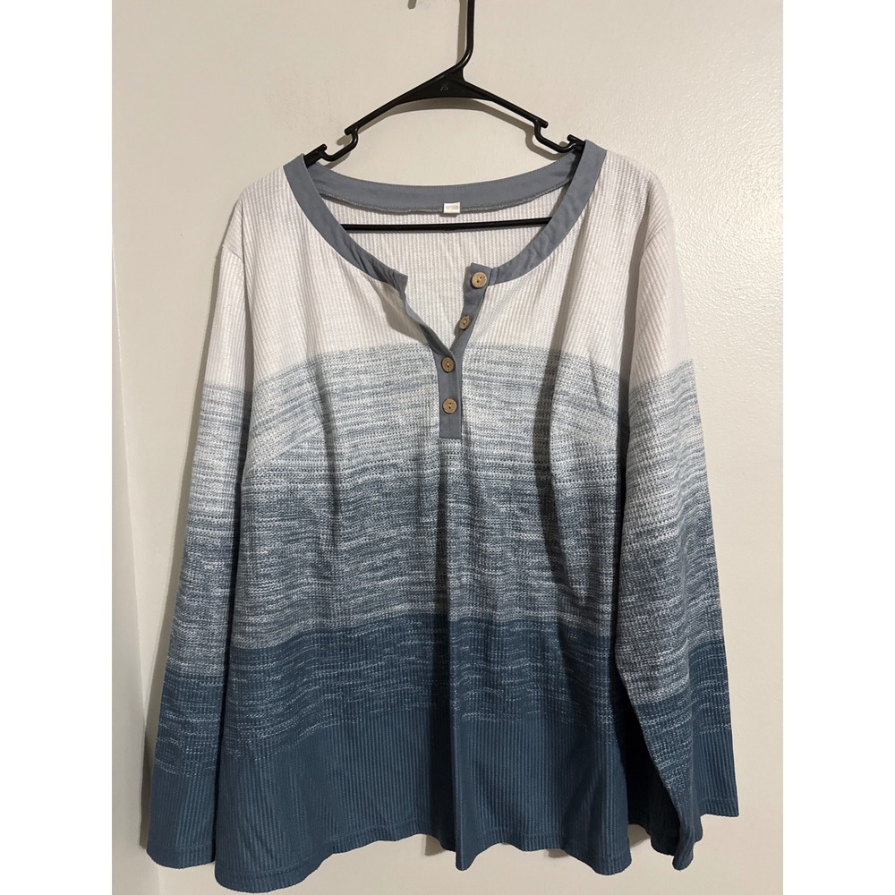Blue Ombre Waffle Knit Henley Long Sleeve Top Plus Size 2X